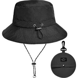 Unisex Black 100%Nylon Wide Brim Uv Protection Chin Strap Packable Bucket Hat